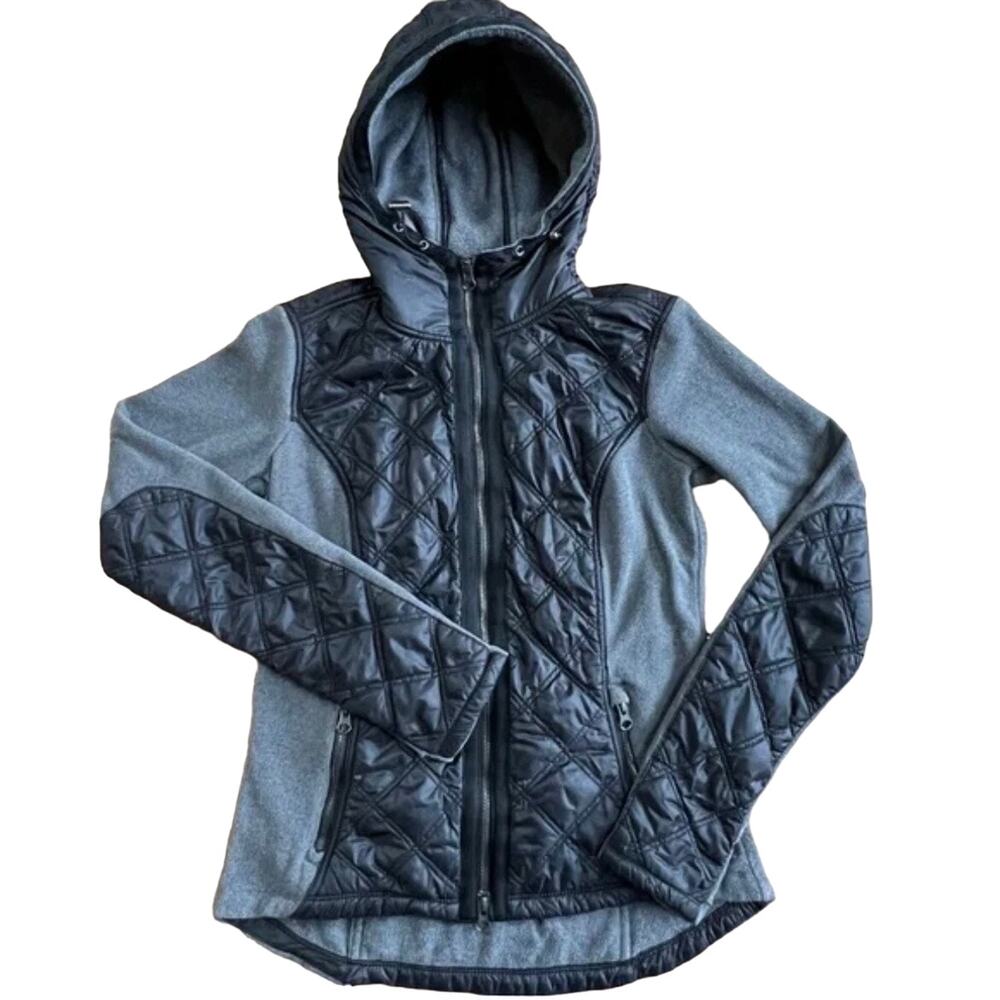 Athleta Girls Fleece Hooded‎ Full Zip Quilted Jacket Running Gary Black SZ XL/14
